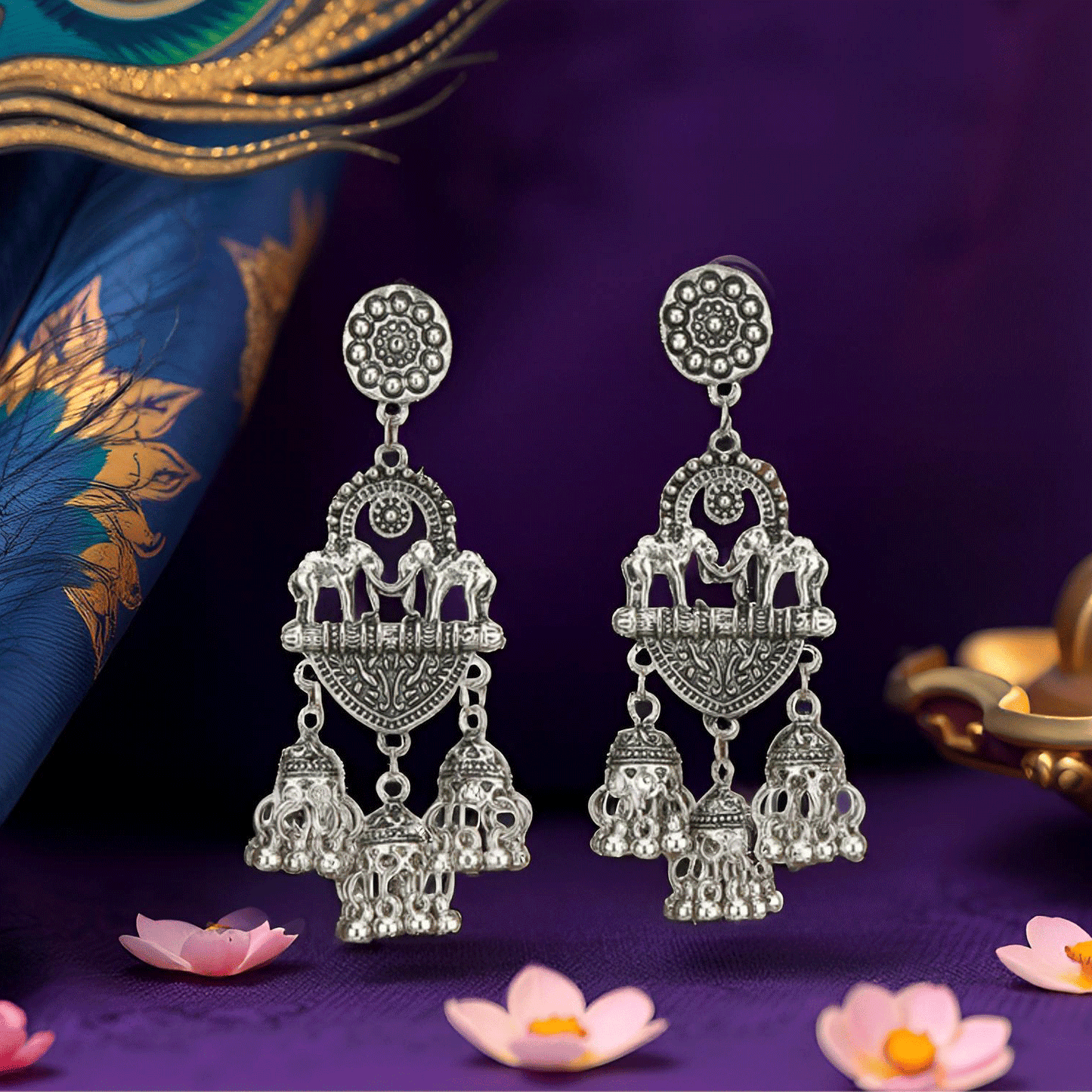 Oxidised Silver Elephant Motif Jhumka Earrings