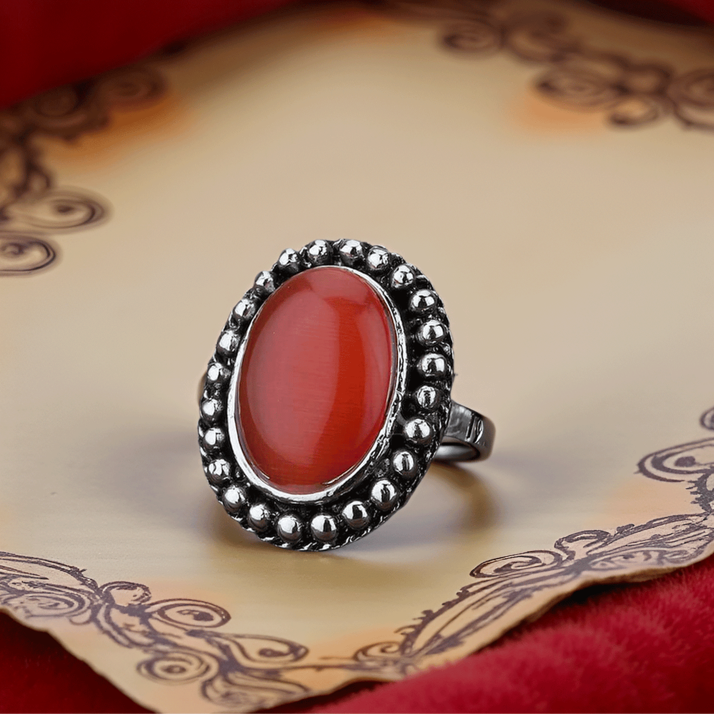 Blue Oval Stone Oxidised Silver-Finish Ring for Women