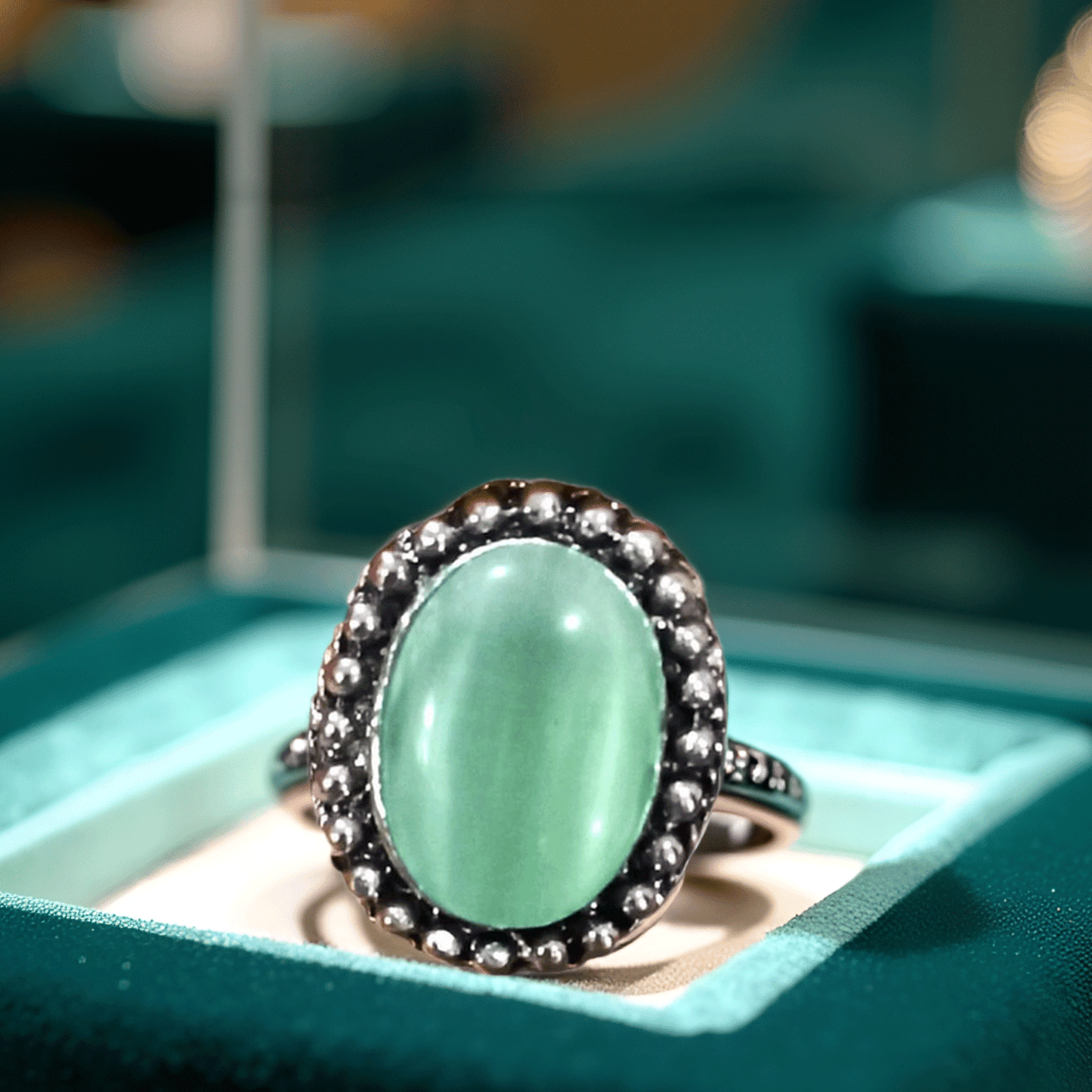 Blue Oval Stone Oxidised Silver-Finish Ring for Women