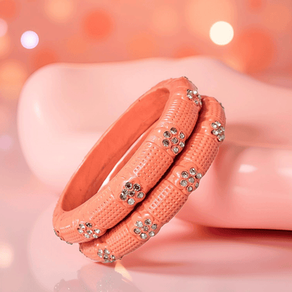 Peach Textured Stone-Studded Lac Bangles – Elegant Ethnic Bangle Set (Set of 2)