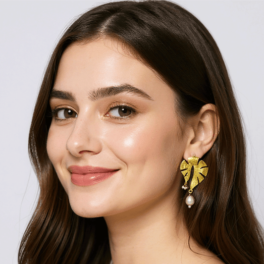 Gold Plated Statement Leaf Earrings with Pearl Drops