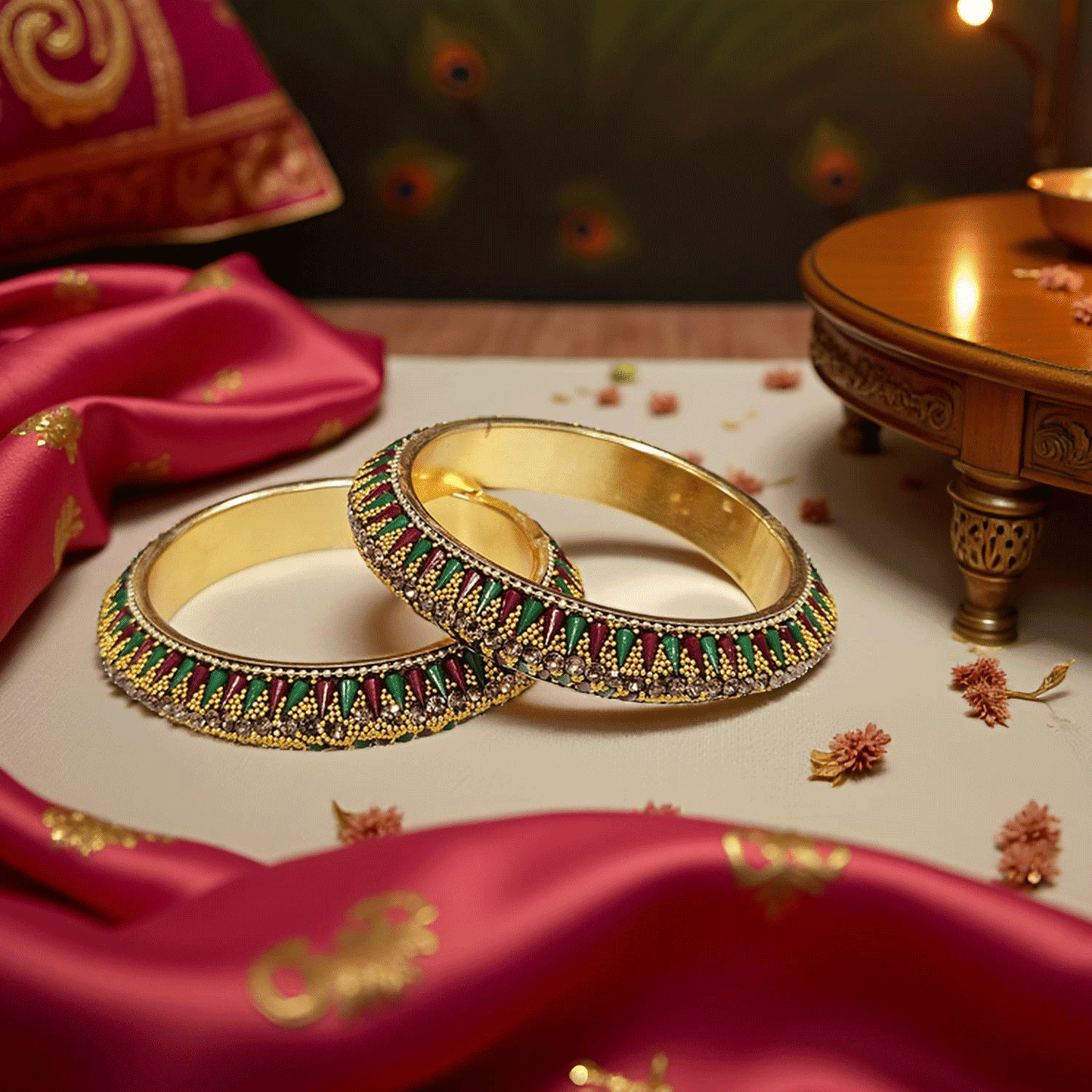 Red & Green Beaded Stone Bangles – Traditional Gold-Finish Bangle Set (Set of 2)