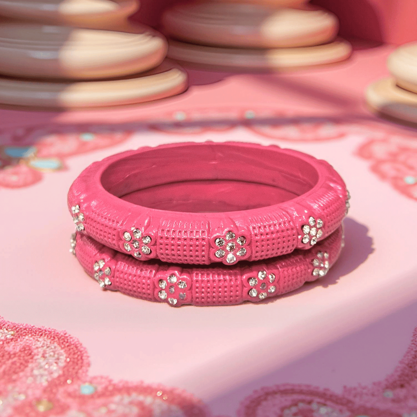 Peach Textured Stone-Studded Lac Bangles – Elegant Ethnic Bangle Set (Set of 2)