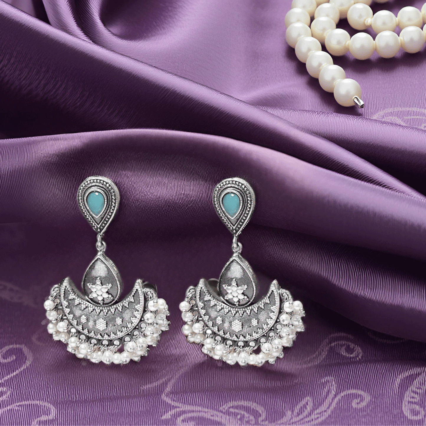 Oxidised Silver Teardrop Earrings with Pearl Fringe & Aqua Stone