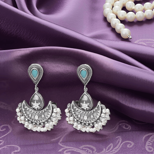 Oxidised Silver Teardrop Earrings with Pearl Fringe & Aqua Stone