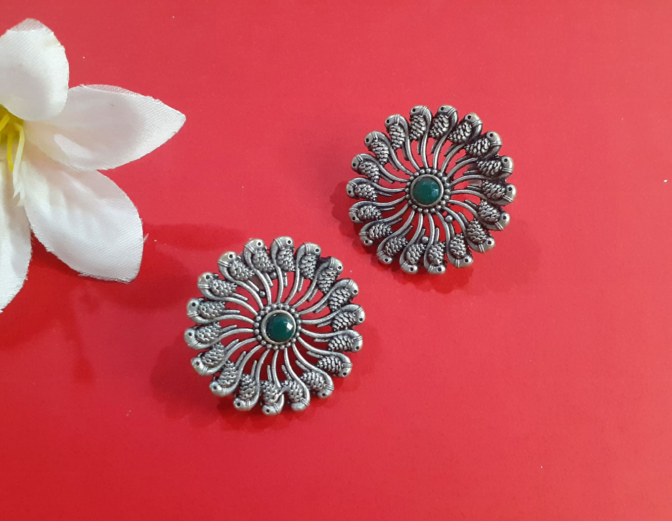 Oxidised Silver Floral Stud Earrings with Blue Stone