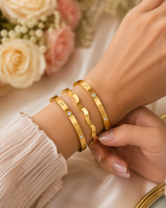 3 Bracelet Stack - Luxury Gold & Wave Bracelet