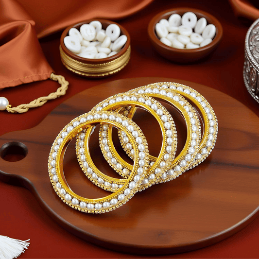Golden & White Pearl Metal Bangles Pack of 4 For Women (Skin Safe)