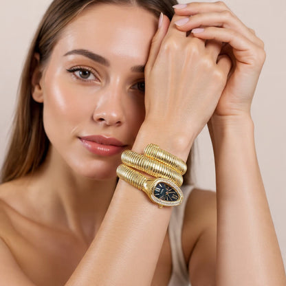 Gold-Plated Snake Watch with Spiral Bracelet