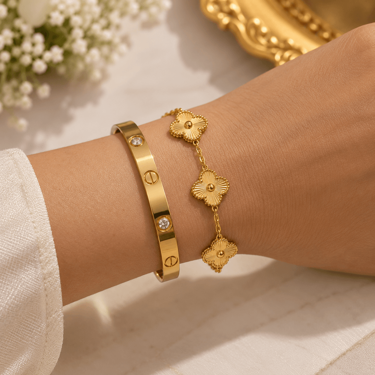 Luxury Gold Bracelet and Clover Combo (Pack of 2)
