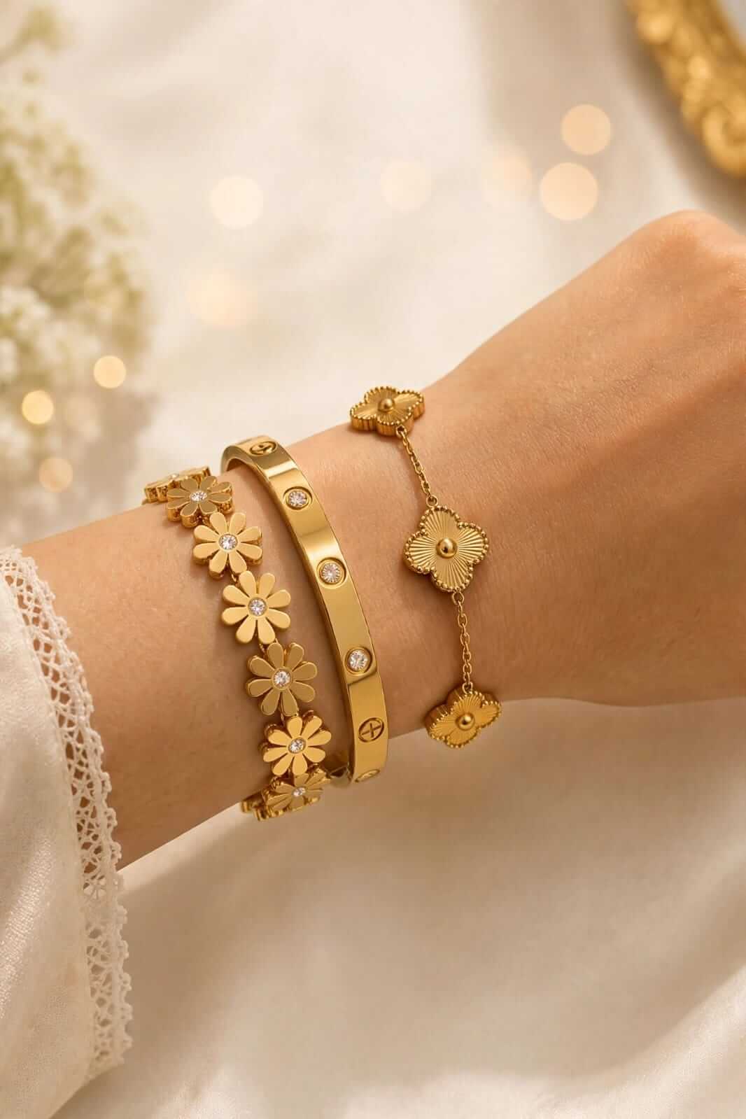 Petite 3 Bracelet Stack - Luxury Gold, Clover and Bloom