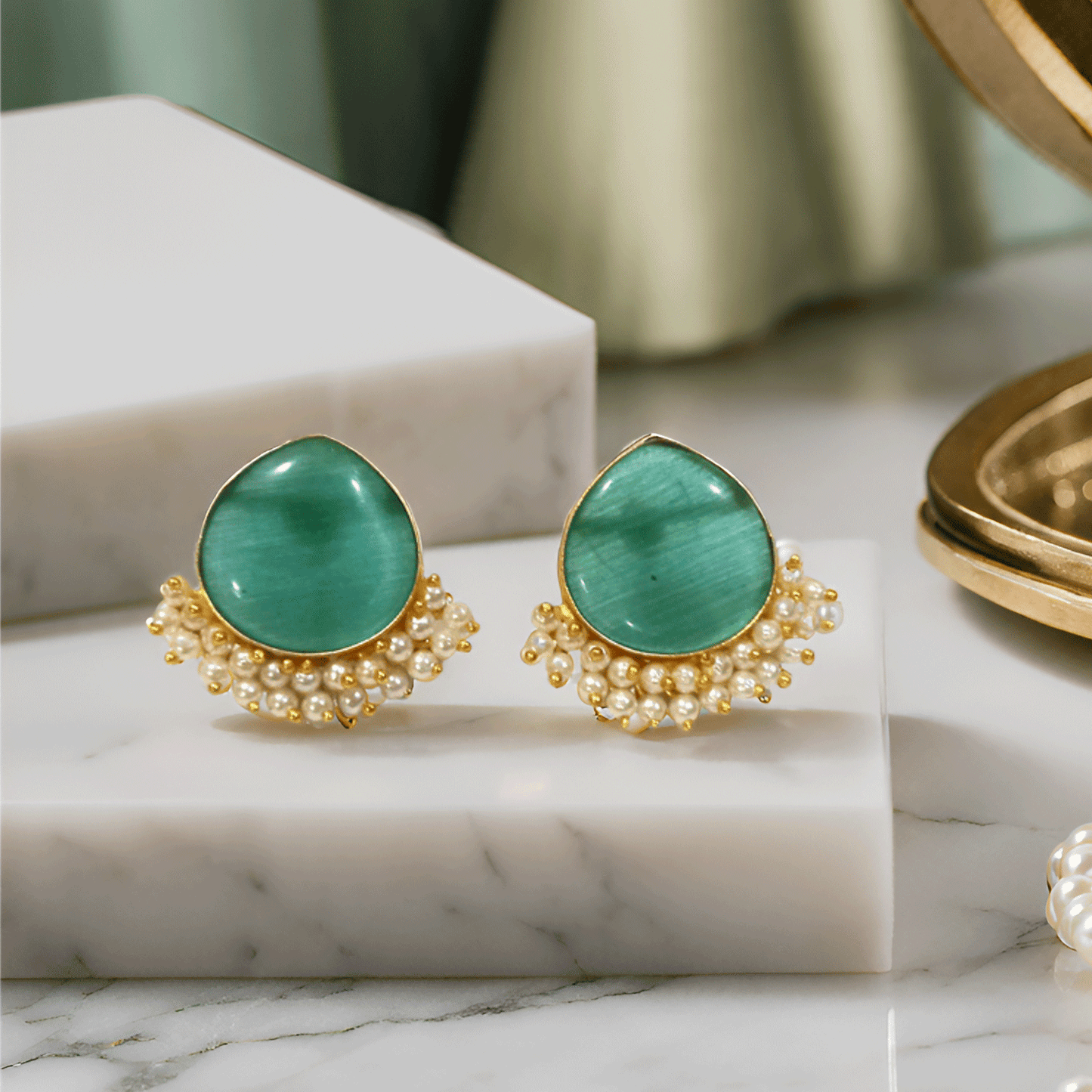Pearl Drop Stud Earrings – Elegant Gold-Tone Ethnic Earrings