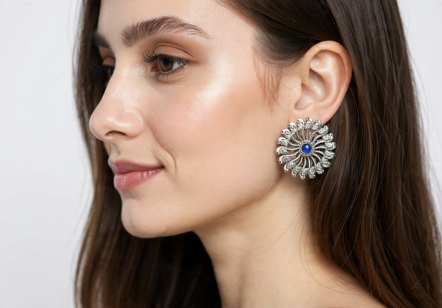 Oxidised Silver Floral Stud Earrings with Blue Stone