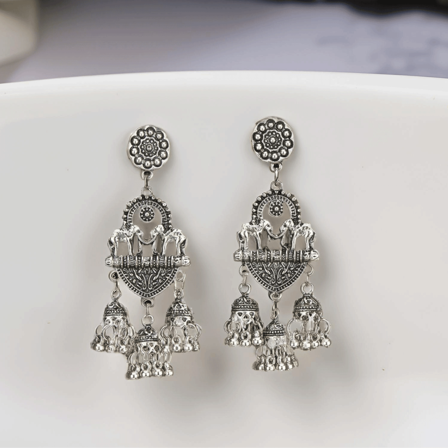 Oxidised Silver Elephant Motif Jhumka Earrings