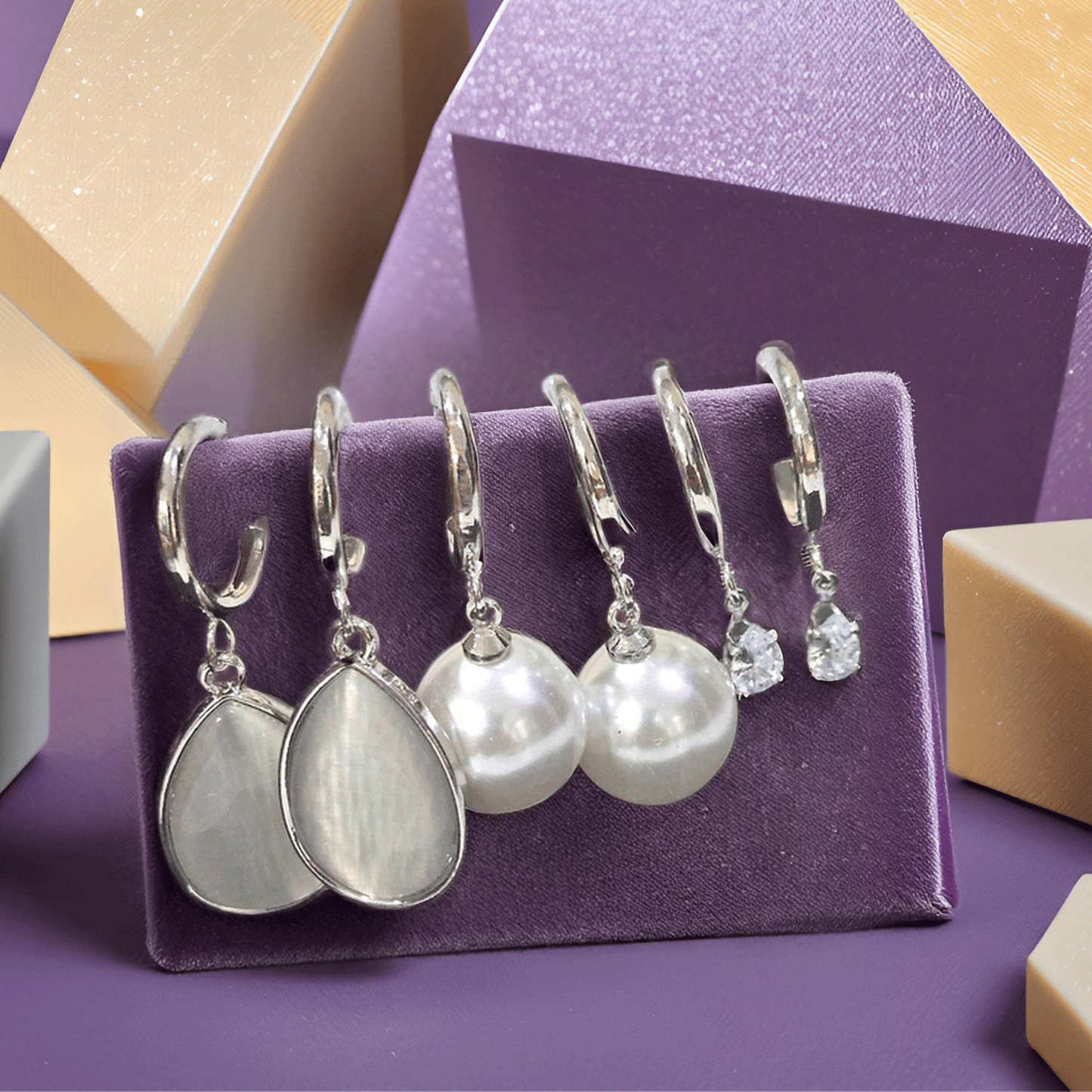 Silver Hoop Earring Combo Set – Pearl, Crystal & Teardrop Charm Collection