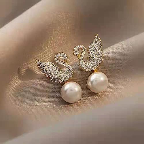 Swan Pearl Mini Stud Earrings – Gold Plated Crystal Elegance