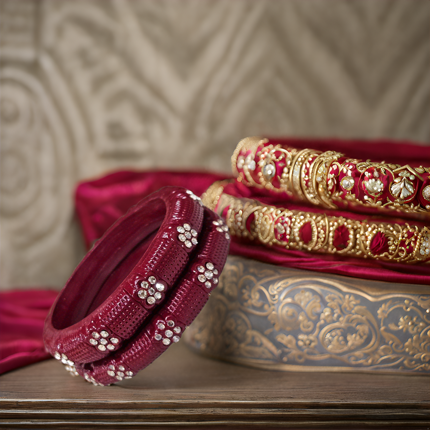 Peach Textured Stone-Studded Lac Bangles – Elegant Ethnic Bangle Set (Set of 2)