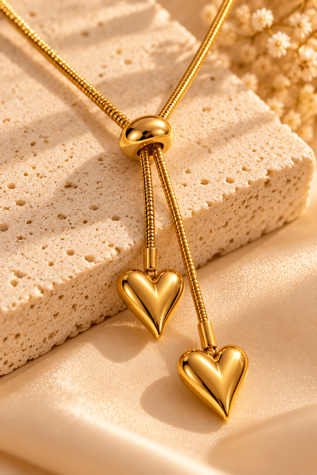 Gold Twin Heart Lariat Necklace