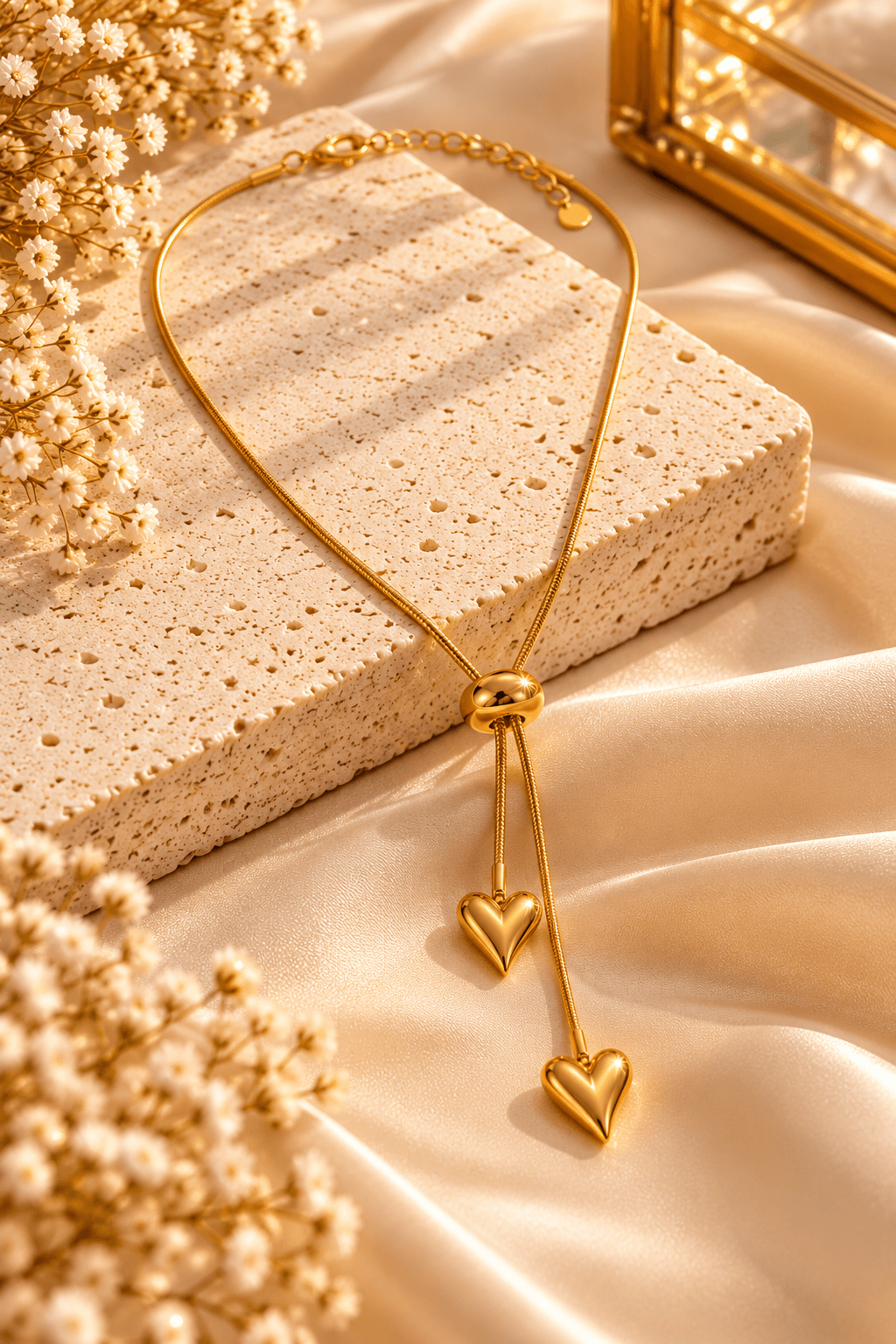Gold Twin Heart Lariat Necklace