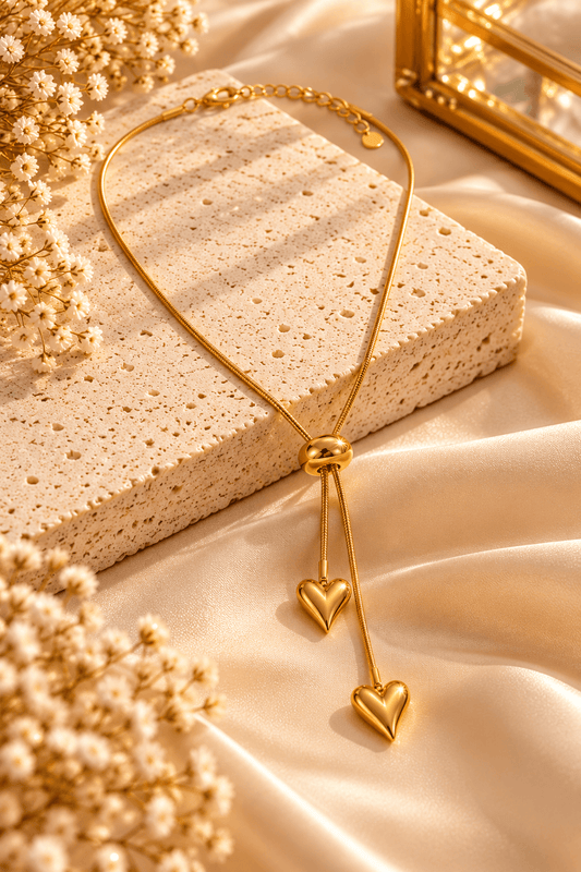 Gold Twin Heart Lariat Necklace
