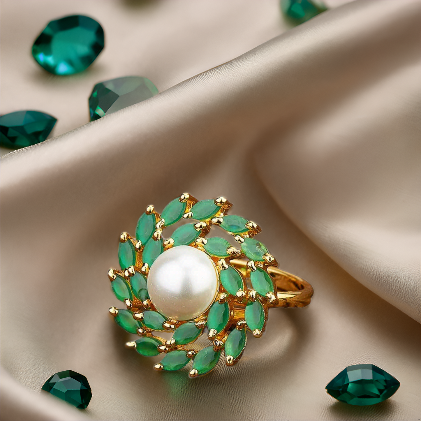 Pearl & Ruby Floral Gold-Plated Ring for Women | Statement Ethnic Ring (Skin-Safe)