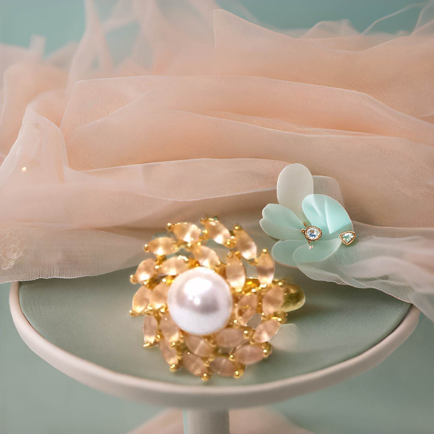 Pearl & Ruby Floral Gold-Plated Ring for Women | Statement Ethnic Ring (Skin-Safe)