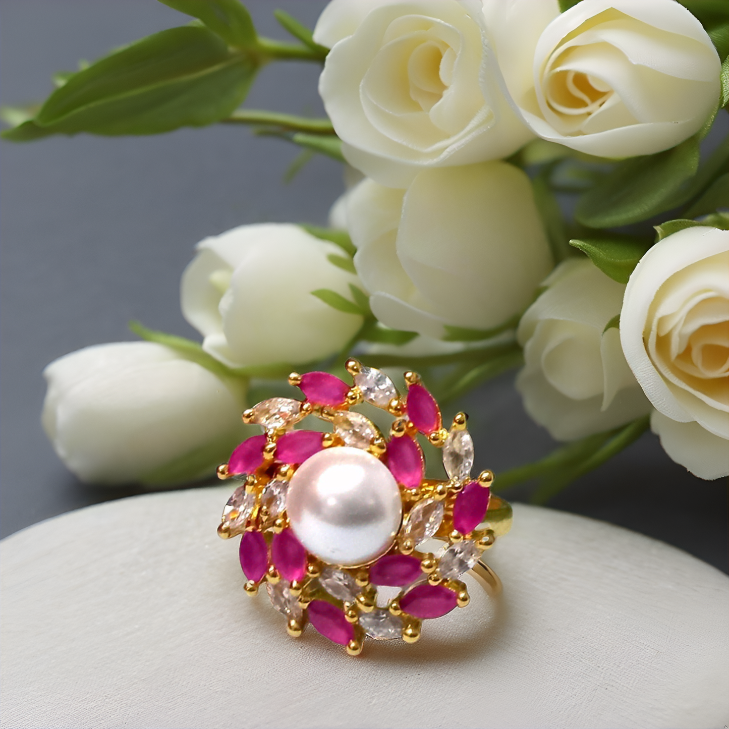 Pearl & Ruby Floral Gold-Plated Ring for Women | Statement Ethnic Ring (Skin-Safe)