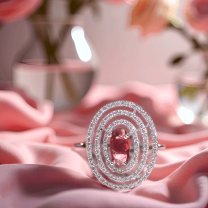 Elegant Oval Ruby Red Stone Ring with CZ  – Adjustable Silver Finish