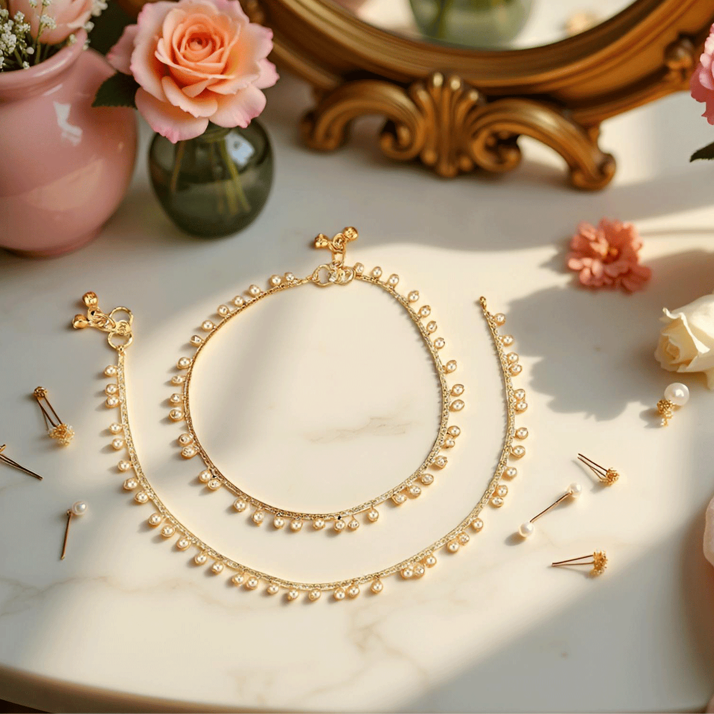 Gold & White Alloy Contemporary S-Hook Anklet For Women (Skin Safe)