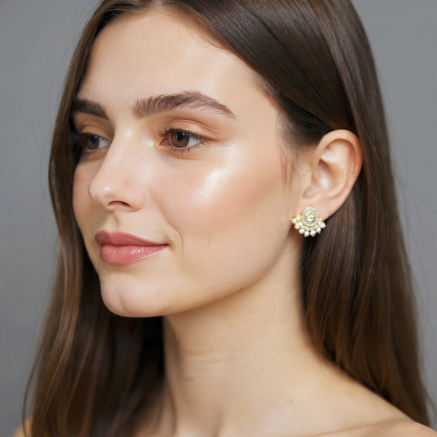 Small Kundan Pearl Stud Earrings For Women (Skin Safe)