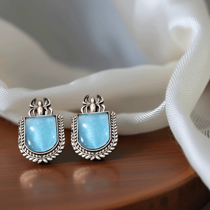 Silver & Blue Brass Push Back Contemporary Stud Earring For Women (Skin Safe)