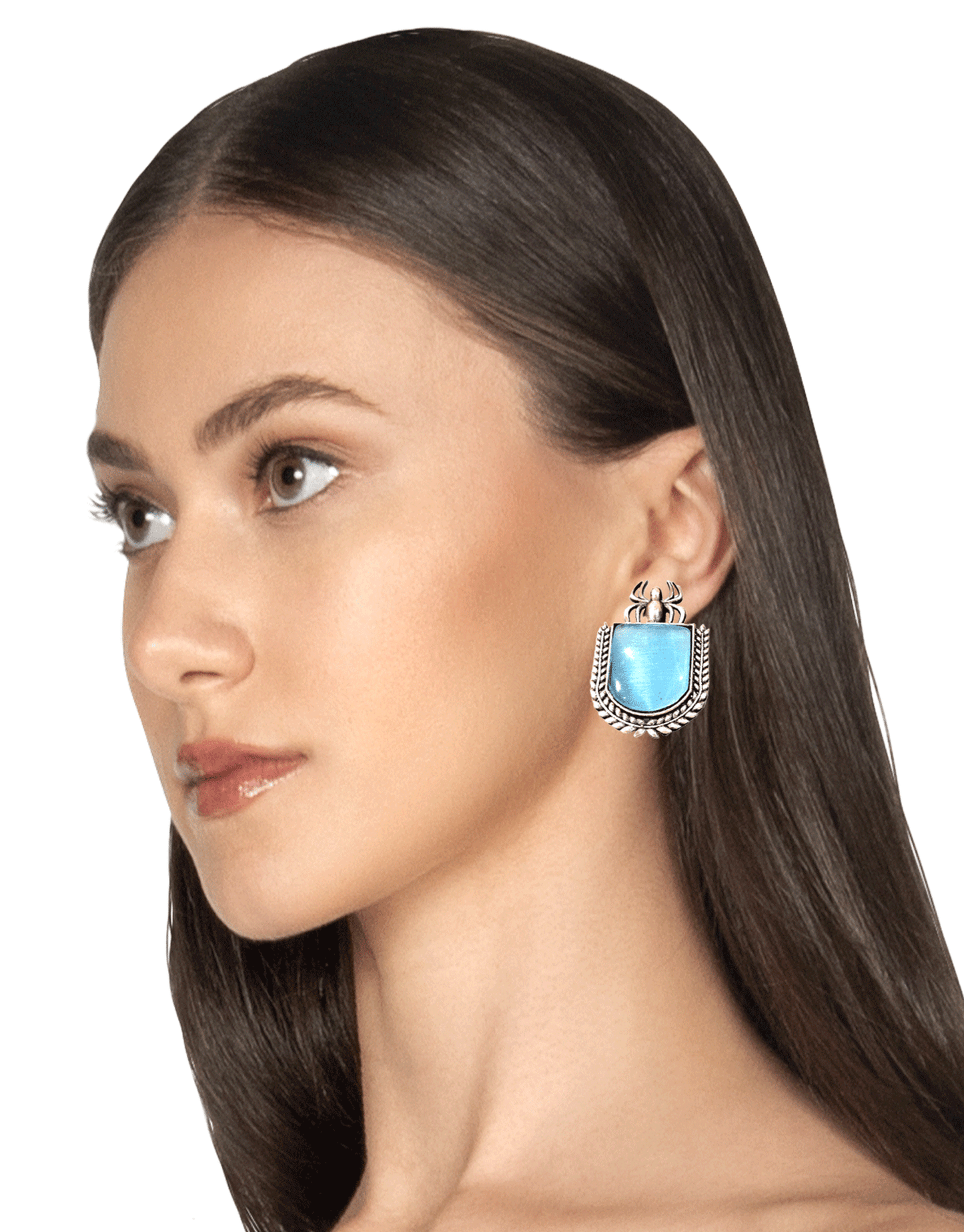 Silver & Blue Brass Push Back Contemporary Stud Earring For Women (Skin Safe)