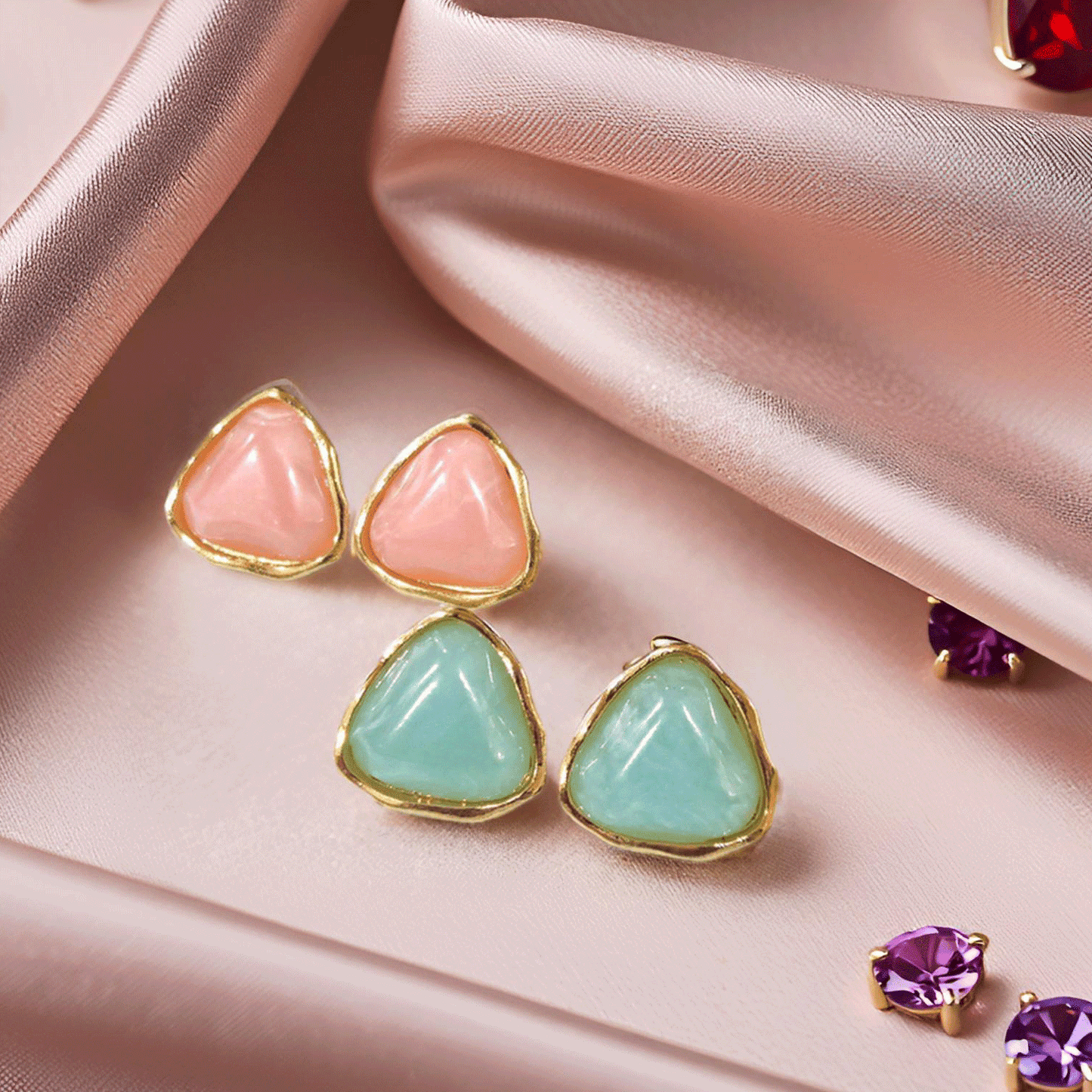Blue & Pink Metal Push Back Ethnic Stud Earring For Women (Skin Safe)